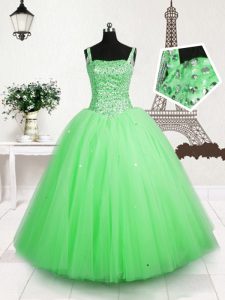 Shining Straps Sleeveless Pageant Gowns For Girls Floor Length Beading and Sequins Apple Green Tulle
