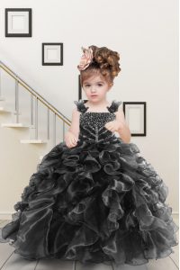 Straps Sleeveless Pageant Dress Wholesale Floor Length Beading and Ruffles Black Organza