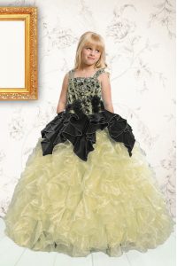 Cute Champagne Ball Gowns Straps Sleeveless Organza Floor Length Lace Up Beading and Pick Ups Little Girls Pageant Dress