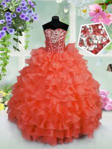 Sleeveless Floor Length Ruffled Layers and Sequins Lace Up High School Pageant Dress with Coral Red