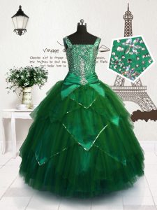 Straps Sleeveless Tulle Pageant Dress Womens Beading and Belt Lace Up