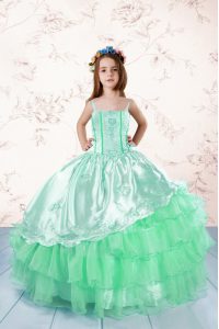 Floor Length Apple Green Pageant Dress for Teens Organza Sleeveless Embroidery and Ruffled Layers