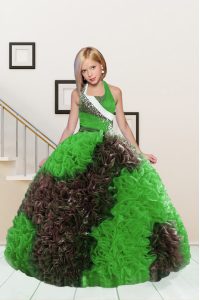 Sophisticated Halter Top Apple Green and Chocolate Fabric With Rolling Flowers Lace Up Pageant Dresses Sleeveless Floor 