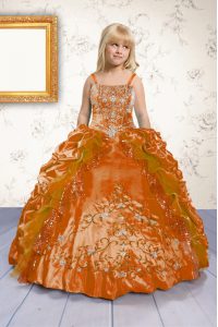 Orange Lace Up Kids Pageant Dress Beading and Appliques and Pick Ups Sleeveless Floor Length
