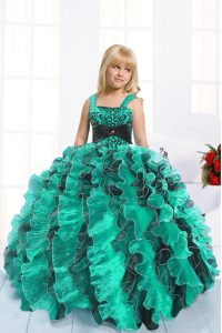 New Style Straps Sleeveless Lace Up Girls Pageant Dresses Teal Organza