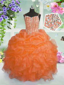 Vintage Orange Lace Up Pageant Gowns Beading and Ruffles and Pick Ups Sleeveless Floor Length