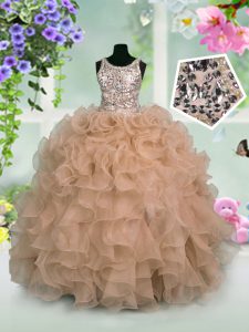 Wonderful Scoop Sequins Pink Sleeveless Organza Zipper Pageant Dress for Womens for Party and Wedding Party
