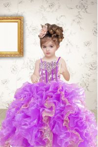 Custom Design Multi-color Spaghetti Straps Neckline Beading and Ruffles and Sequins Kids Formal Wear Sleeveless Lace Up