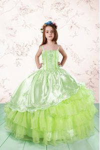 Yellow Green Pageant Dress for Teens Party and Wedding Party and For with Embroidery and Ruffled Layers Spaghetti Straps