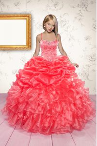 Organza Spaghetti Straps Sleeveless Lace Up Beading and Ruffles and Pick Ups Girls Pageant Dresses in Coral Red