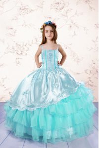 Turquoise Organza Lace Up Custom Made Pageant Dress Sleeveless Floor Length Embroidery and Ruffled Layers