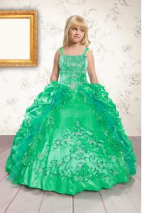 Satin Sleeveless Floor Length Little Girls Pageant Dress Wholesale and Beading and Appliques and Pick Ups