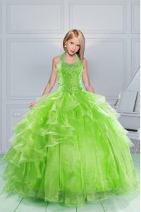 Dramatic Halter Top Apple Green Ball Gowns Beading and Ruching Pageant Gowns For Girls Lace Up Organza Sleeveless Floor 