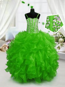 Fitting Green Organza Lace Up Pageant Gowns For Girls Sleeveless Floor Length Beading and Ruffles