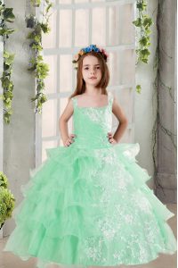 Classical Turquoise Organza Lace Up Square Sleeveless Floor Length Little Girls Pageant Dress Lace and Ruffled Layers