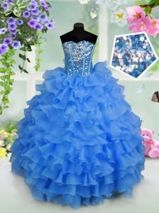 Dazzling Light Blue Ball Gowns Ruffled Layers and Sequins Little Girls Pageant Dress Lace Up Organza Sleeveless Floor Le