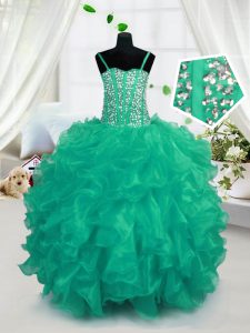 Spaghetti Straps Sleeveless Organza Pageant Dress for Girls Beading and Ruffles Lace Up