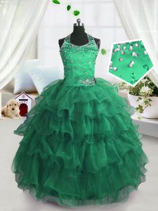 Extravagant Ruffled Ball Gowns Pageant Dress for Teens Peacock Green Scoop Organza Sleeveless Floor Length Lace Up