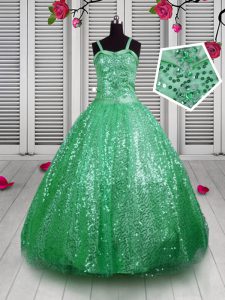 Ideal Sleeveless Sequined Floor Length Lace Up Girls Pageant Dresses in Green with Sequins