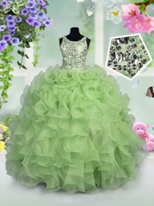Apple Green Ball Gowns Organza Scoop Sleeveless Ruffles and Sequins Floor Length Zipper Kids Pageant Dress