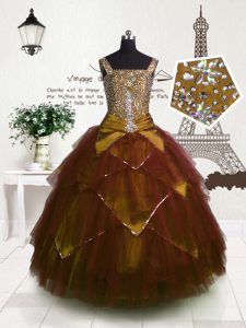 Ball Gowns Pageant Dress for Womens Brown Straps Tulle Sleeveless Floor Length Lace Up
