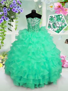 Floor Length Lace Up Kids Pageant Dress Turquoise for Party and Wedding Party with Ruffled Layers and Sequins