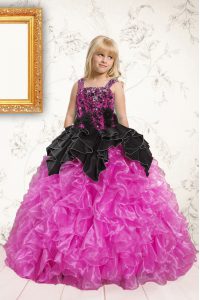 Trendy Black and Hot Pink Little Girl Pageant Gowns Party and Wedding Party and For with Beading and Ruffles Straps Slee