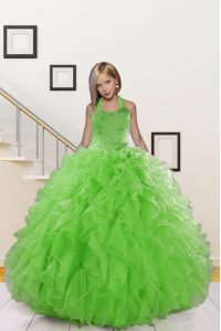 New Arrival Halter Top Floor Length Lace Up Little Girl Pageant Gowns Green for Wedding Party with Beading and Ruffles