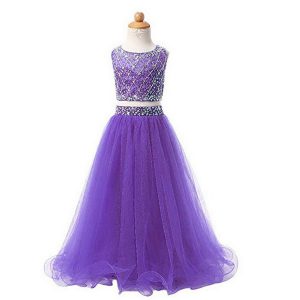 Stylish Scoop Floor Length Lavender Flower Girl Dresses for Less Organza Sleeveless Beading