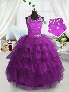 Perfect Ruffled Ball Gowns Kids Formal Wear Fuchsia Scoop Organza Sleeveless Floor Length Lace Up