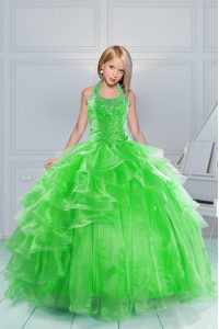 Halter Top Sleeveless Organza Floor Length Lace Up Kids Formal Wear in Green with Beading and Ruffles