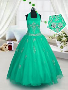 Elegant Green Custom Made Pageant Dress Party and Wedding Party and For with Appliques Halter Top Sleeveless Lace Up
