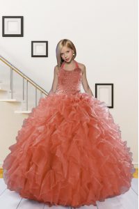 Halter Top Watermelon Red Lace Up Girls Pageant Dresses Beading and Ruffles Sleeveless Floor Length