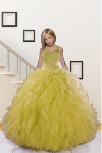 Customized Light Yellow Lace Up Halter Top Beading and Ruffles Pageant Dress for Teens Organza Sleeveless