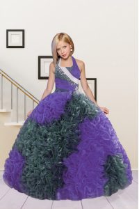 Luxurious Halter Top Floor Length Ball Gowns Sleeveless Eggplant Purple Pageant Gowns For Girls Lace Up