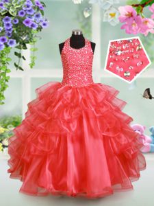 Halter Top Watermelon Red Organza Lace Up Little Girls Pageant Dress Wholesale Sleeveless Floor Length Beading and Ruffl