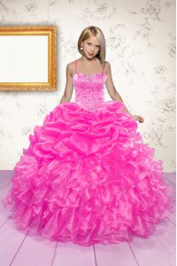 High Quality Hot Pink Ball Gowns Organza Spaghetti Straps Sleeveless Beading and Ruffles and Pick Ups Floor Length Lace 