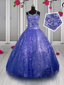 Simple Sequins Floor Length Blue Little Girls Pageant Gowns Straps Sleeveless Lace Up