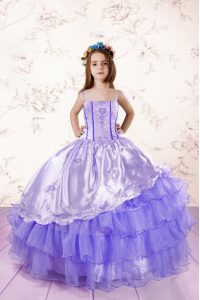 High Quality Lavender Ball Gowns Organza Spaghetti Straps Sleeveless Embroidery and Ruffled Layers Floor Length Lace Up 