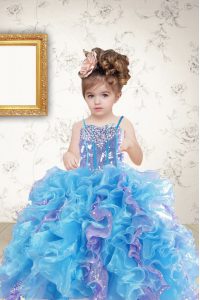 New Style Sleeveless Organza Floor Length Lace Up Child Pageant Dress in Multi-color with Beading and Ruffles and Sequin