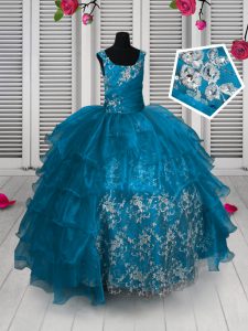 High Quality Aqua Blue Straps Lace Up Appliques and Ruffled Layers Little Girl Pageant Gowns Sleeveless