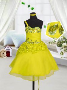 High Class Mini Length Yellow Winning Pageant Gowns Organza Sleeveless Beading and Appliques and Hand Made Flower