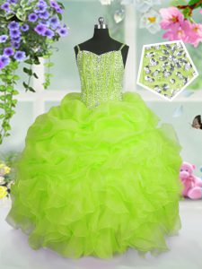 Super Yellow Green Ball Gowns Beading and Ruffles and Pick Ups Kids Pageant Dress Lace Up Organza Sleeveless Floor Lengt