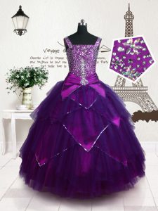 Designer Floor Length Ball Gowns Sleeveless Purple Pageant Gowns For Girls Lace Up