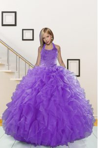 Halter Top Floor Length Lavender Pageant Gowns Organza Sleeveless Beading and Ruffles