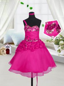 Low Price Knee Length Fuchsia Winning Pageant Gowns Organza Sleeveless Beading and Hand Made Flower