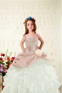 Unique Beading and Ruffled Layers and Hand Made Flower Little Girls Pageant Dress Peach Lace Up Sleeveless Floor Length