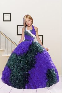 Pretty Dark Green and Eggplant Purple Halter Top Neckline Beading and Ruffles Girls Pageant Dresses Sleeveless Lace Up