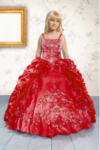 Decent Red Spaghetti Straps Lace Up Beading and Appliques and Pick Ups Kids Formal Wear Sleeveless