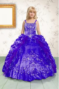 Elegant Royal Blue Ball Gowns Spaghetti Straps Sleeveless Satin Floor Length Lace Up Beading and Appliques and Pick Ups 